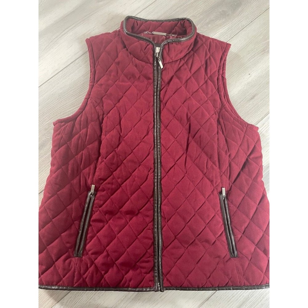 Appleseeds Womens Vest Sz L Red Quilted Zip Front Pockets Leather Trim Quilted